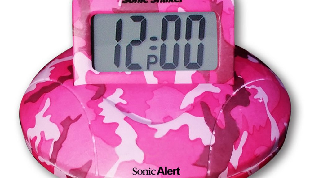 Sonic Alert pink camouflage travel alarm clock sold by vendors of hearing assistive technology