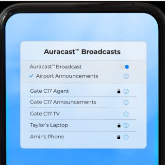 cell phone menu of locations to use Auracast listening system